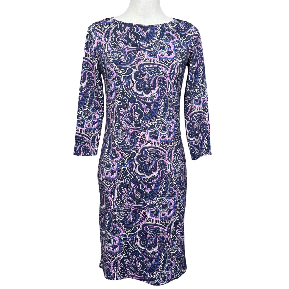 Talbots Paisley Sheath Dress Women XS Blue Purple 3/4 Sleeve Stretch Classic Mod